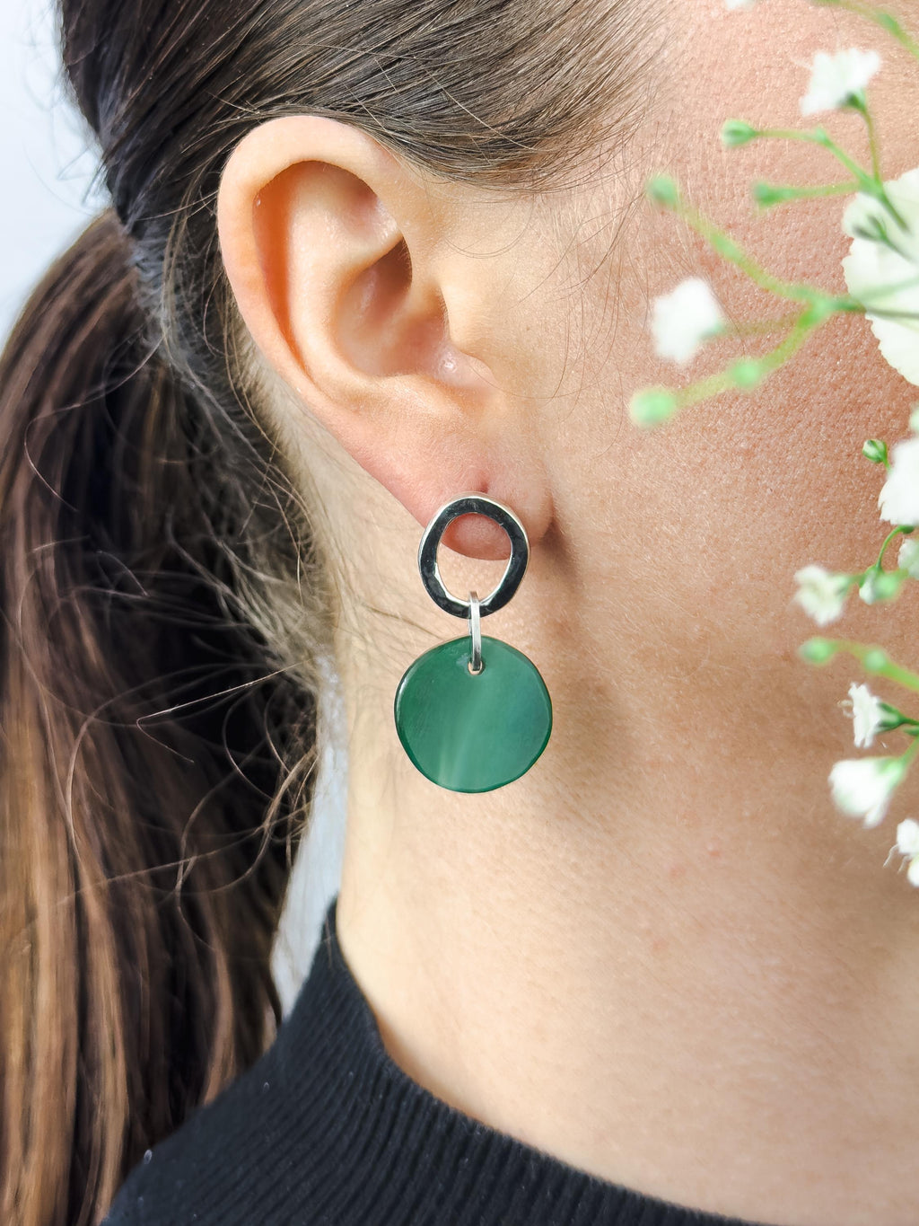 Handcrafted Silver Earrings with Faceted Green Glass