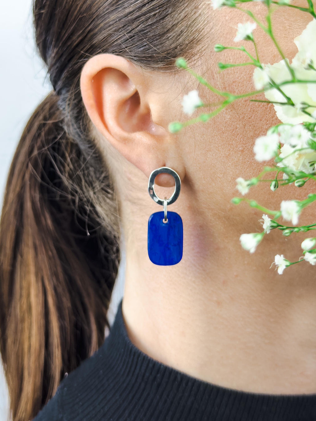 Handcrafted Silver Earrings with Faceted Blue Glass
