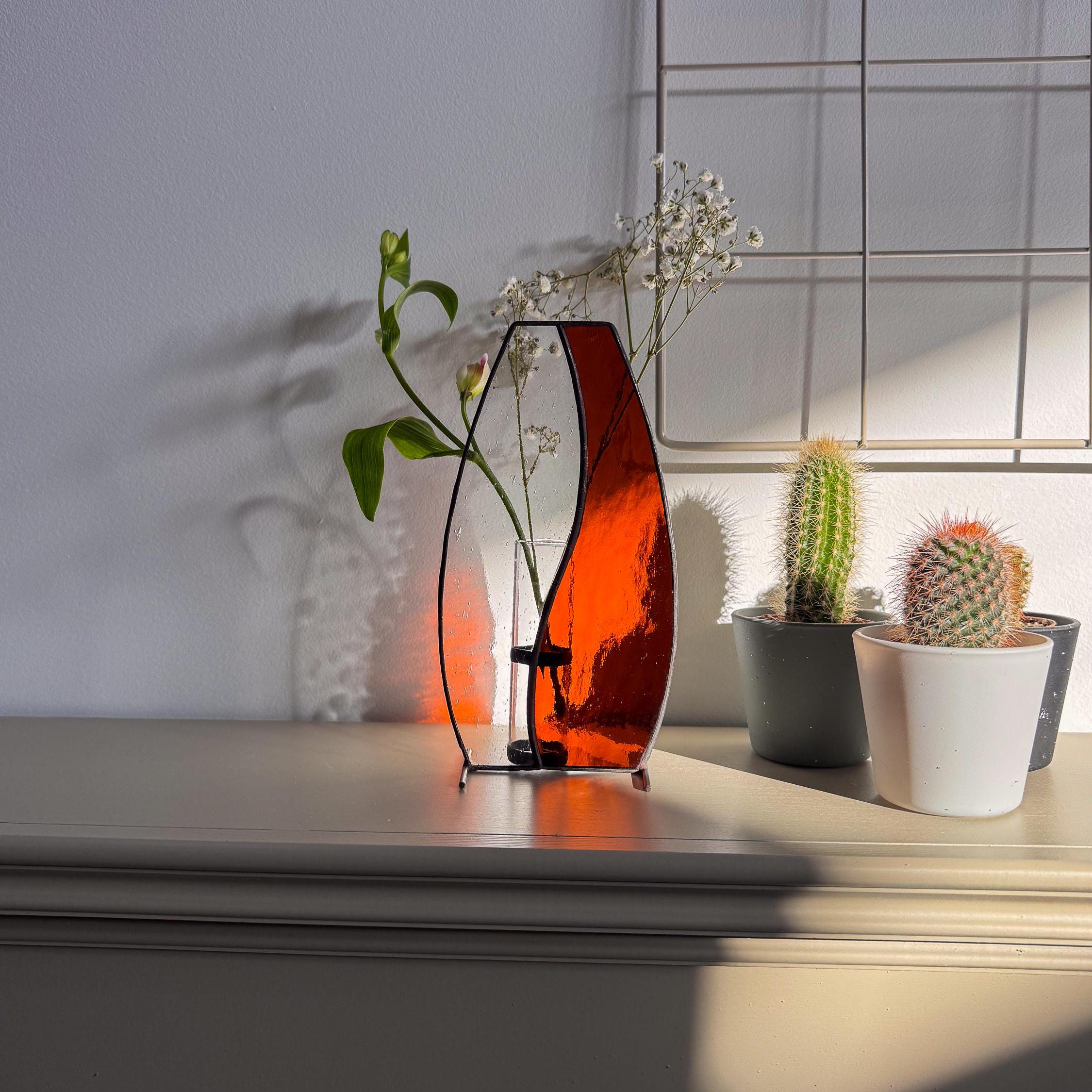 Deep Orange Japandi Stained Glass Vase – Tiffany Handmade Design