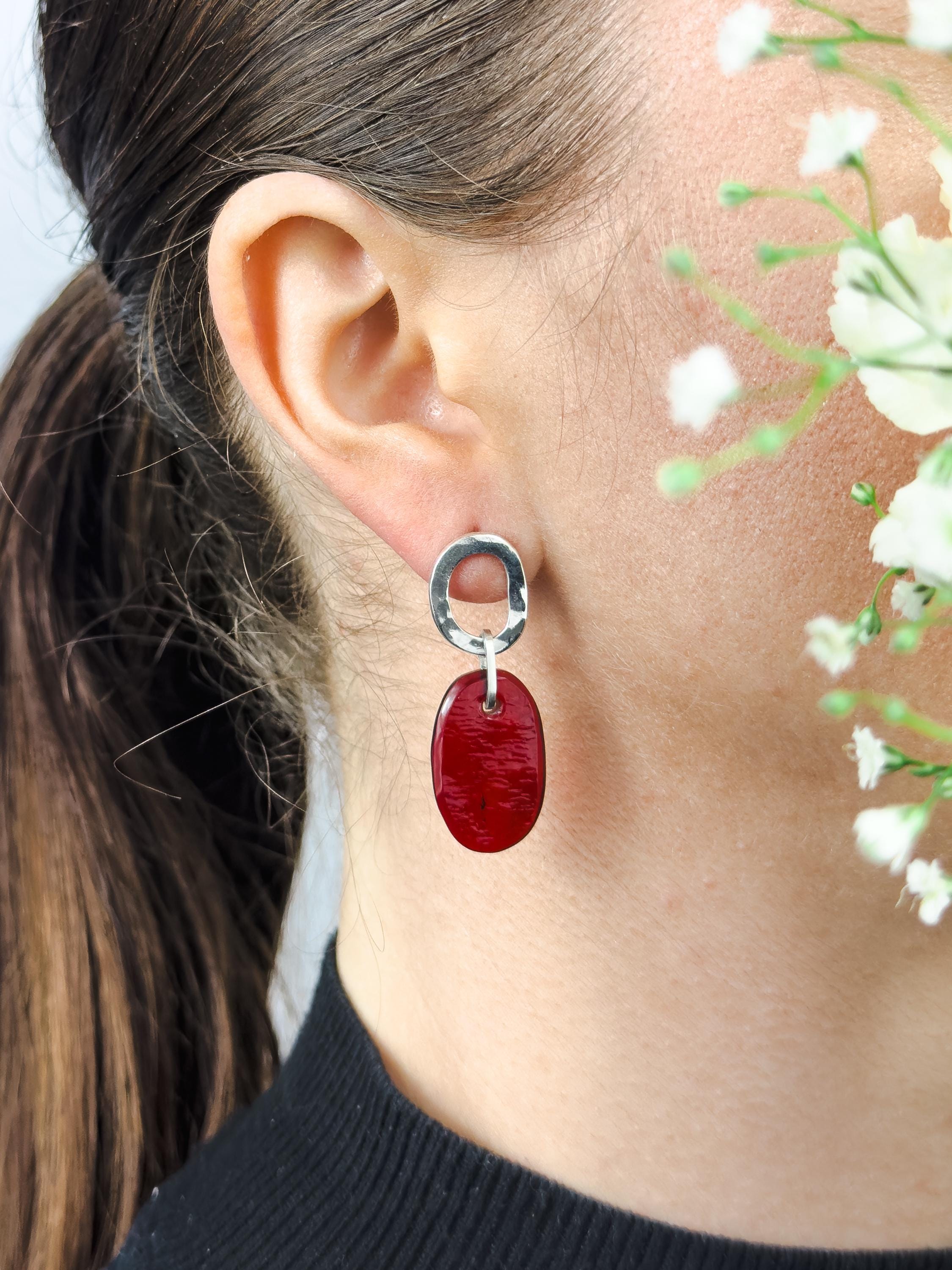 Handcrafted Silver Earrings with Faceted Red Glass