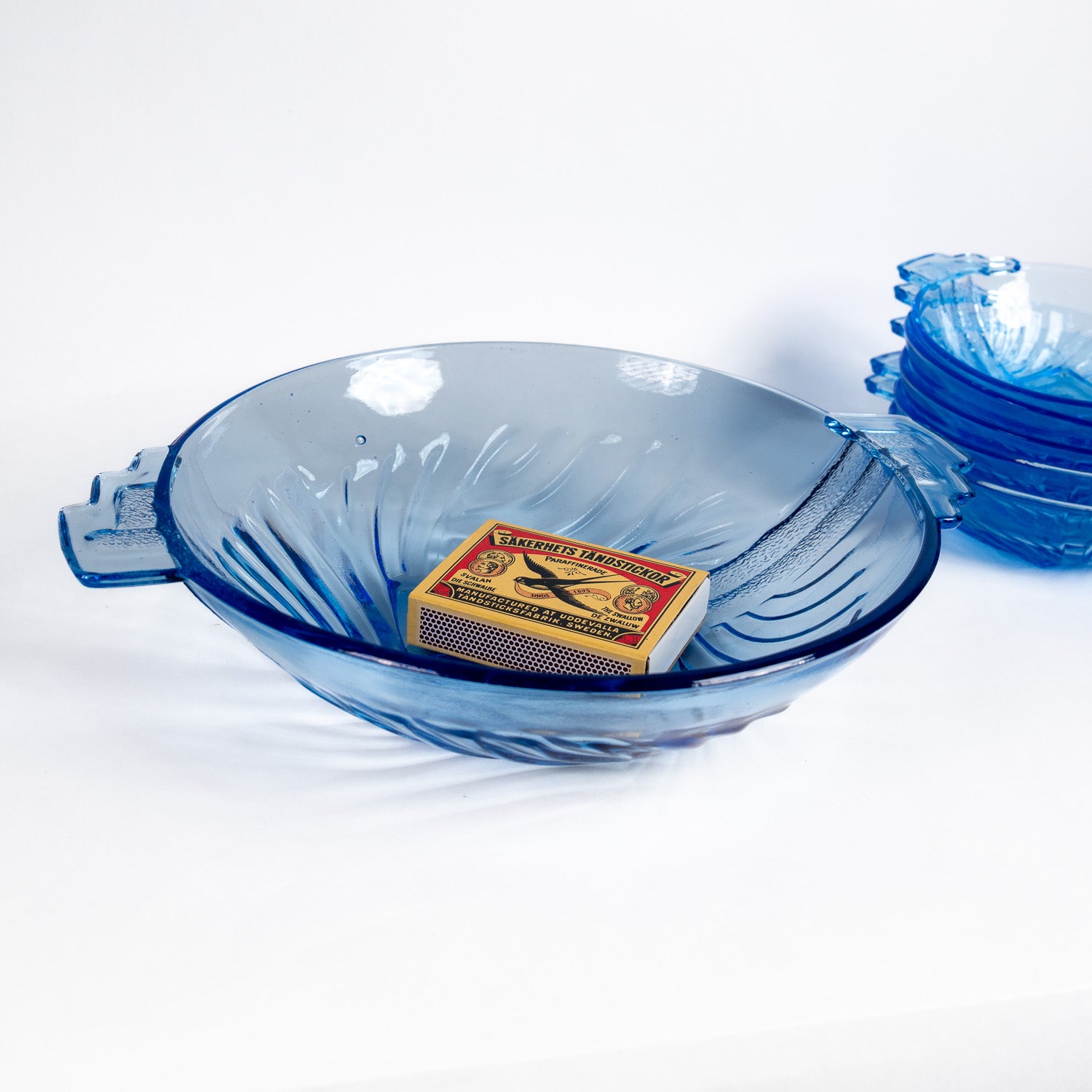 Stolle Niemen Art Deco Glass Set – Royal Blue Bowl and Dishes, Poland (1920s–1930s)