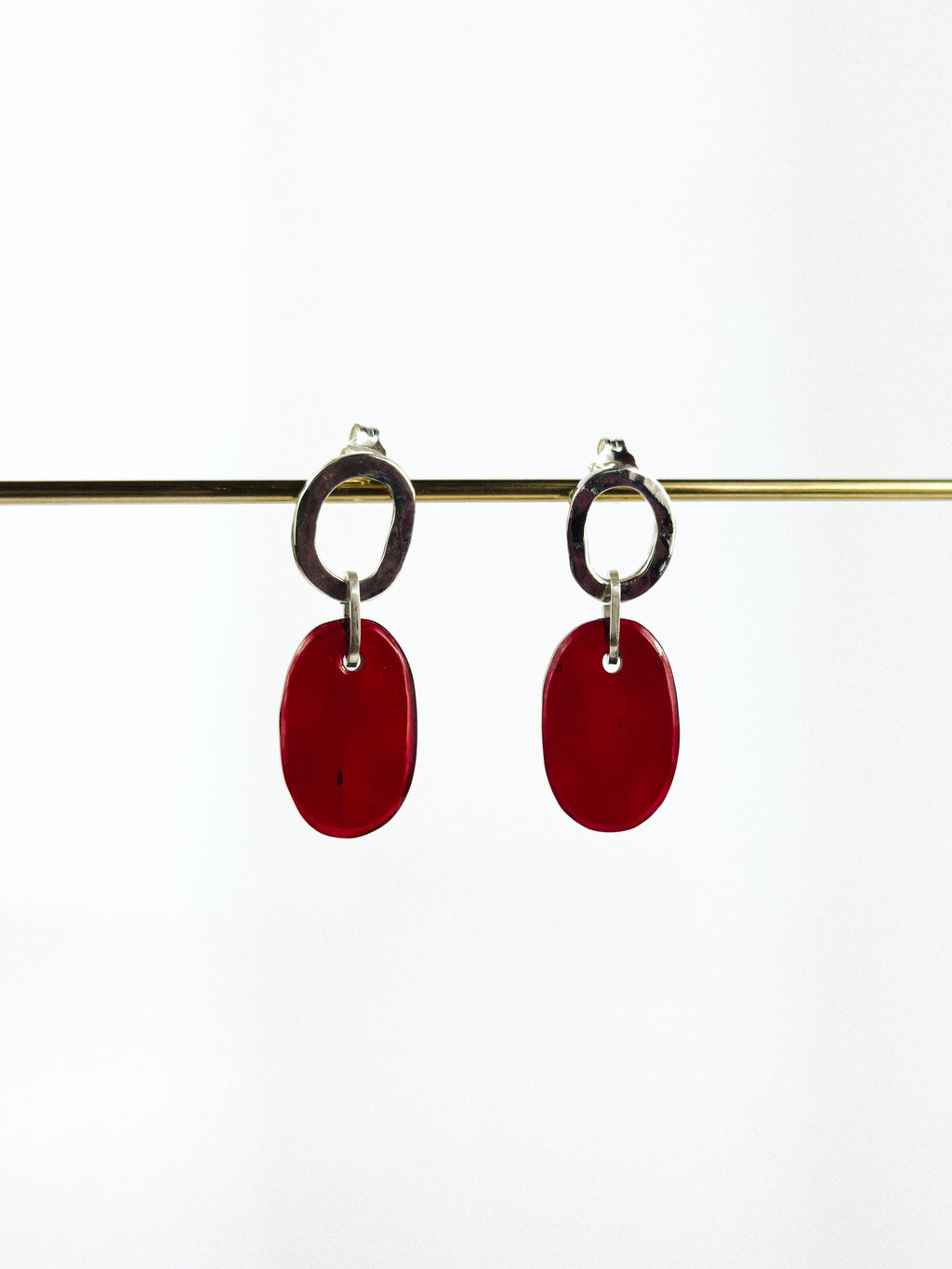 Handcrafted Silver Earrings with Faceted Red Glass