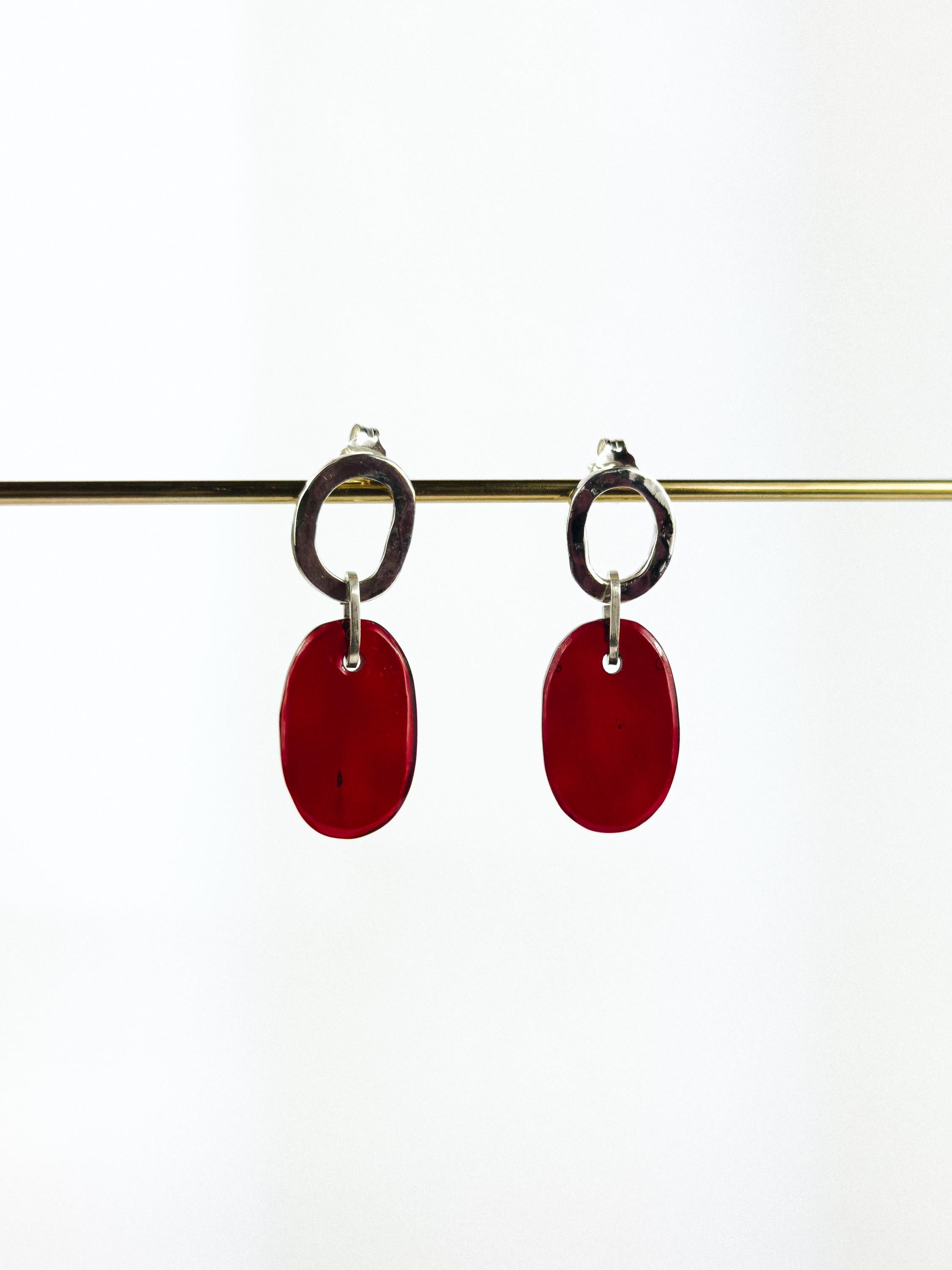 Handcrafted Silver Earrings with Faceted Red Glass