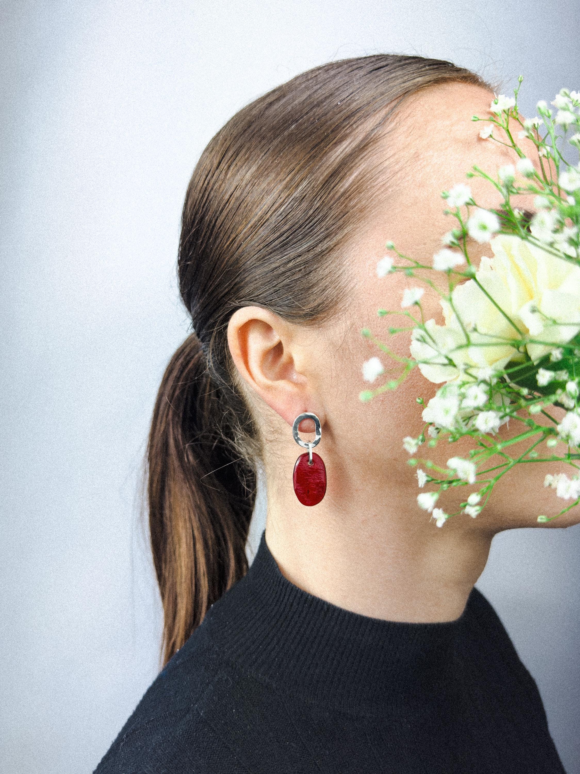 Handcrafted Silver Earrings with Faceted Red Glass