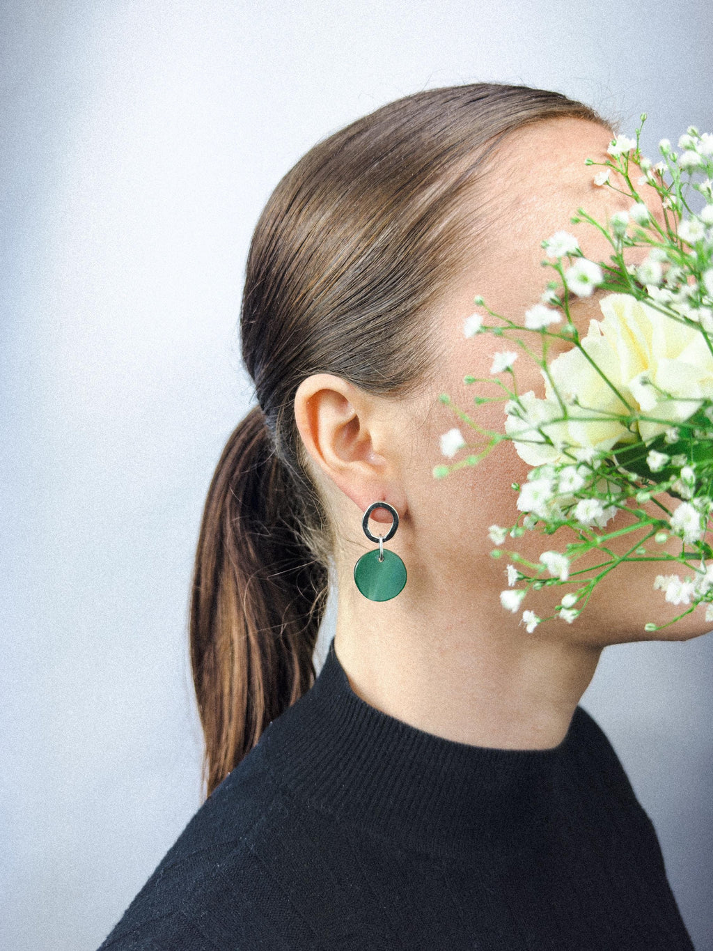 Handcrafted Silver Earrings with Faceted Green Glass